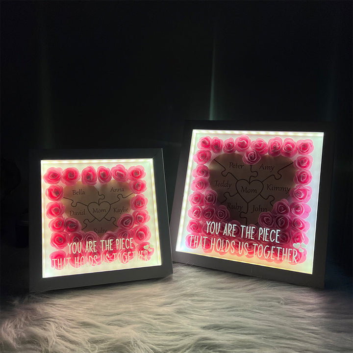Personalized Puzzle Piece Mom Heart Shaped Flower Shadow LED Box