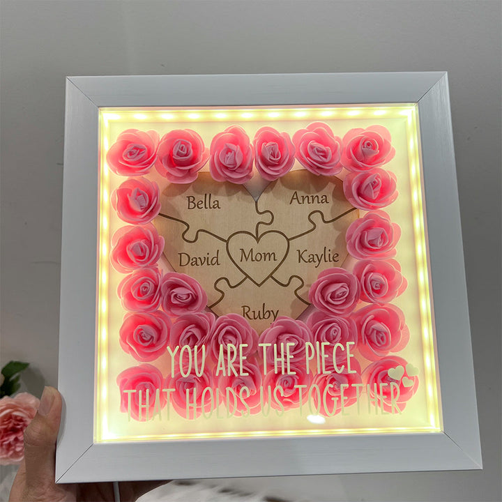 Personalized Puzzle Piece Mom Heart Shaped Flower Shadow LED Box