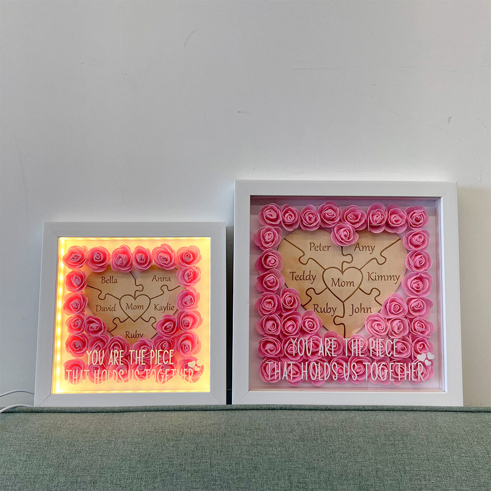 Personalized Puzzle Piece Mom Heart Shaped Flower Shadow LED Box