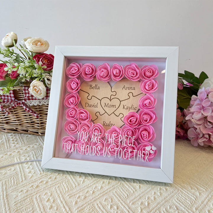Personalized Puzzle Piece Mom Heart Shaped Flower Shadow LED Box